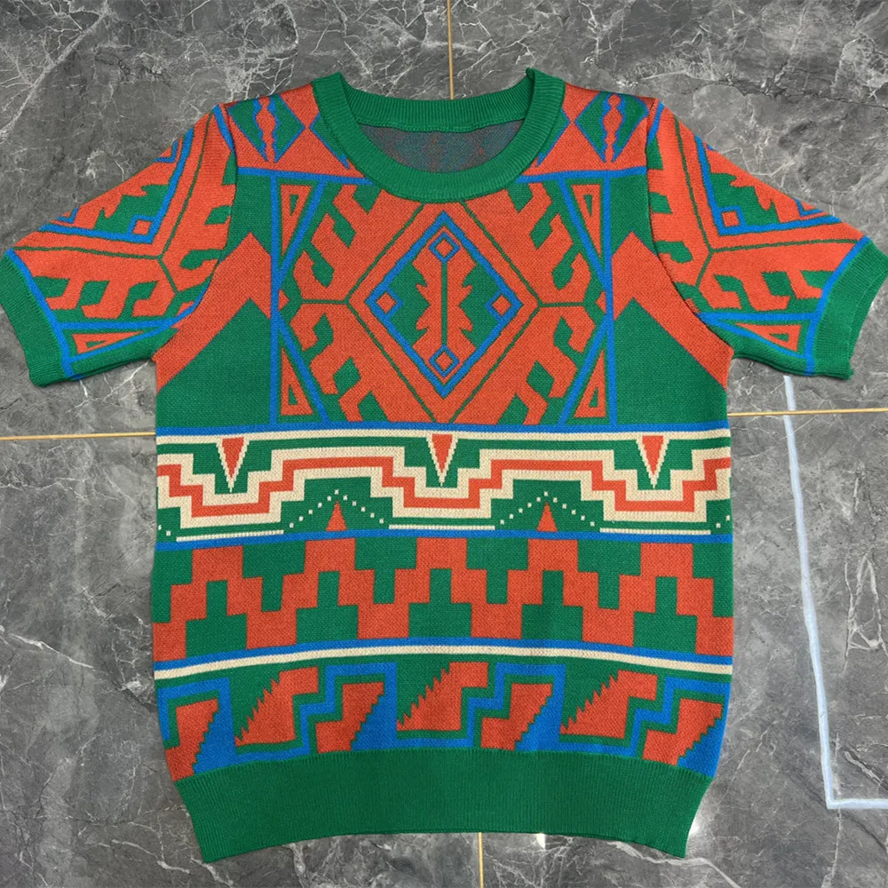 

Summer Vintage Geometric Pattern Knitted Sweater Women Fashion O-Neck Short Sleeve Knitted Pullover Tops Knitwear 2025