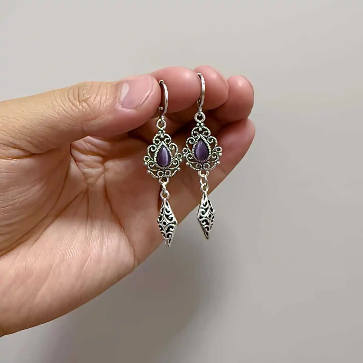 Dark Purple Crystal Earrings Gothic Victorian Goth Celtic Filigree Scroll Statement Earrings Antique Silver Bridal Wedding
