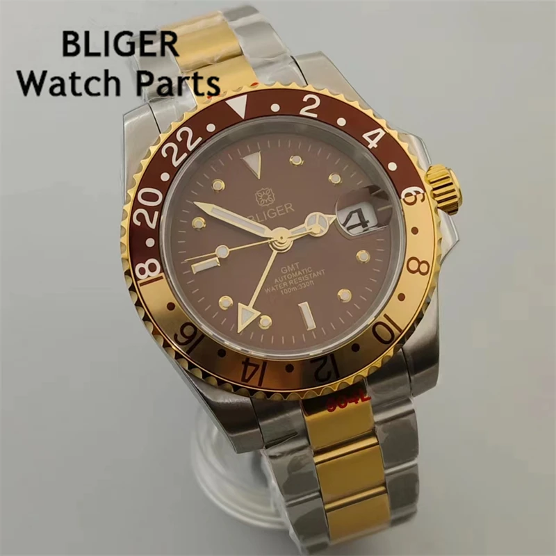 BLIGER 40mm Rootbeer GMT Men Watch NH34 Automatic Movement Luxury Two Tone Gold Case Bracelet Brown Dial Luminous Sapphire Glass