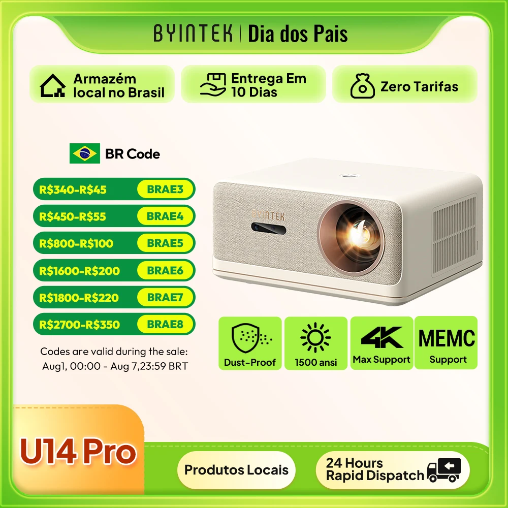BYINTEK U14 Pro Projetor Inteligente Nativo 1080P 1500 ANSI Lumens Android 11.0 Cinema em Casa 4K Dual WiFi 5G Foco Automático Motor Óptico à Prova de Poeira MEMC HDR10 Autofoco Keystone 4D Alto-falan