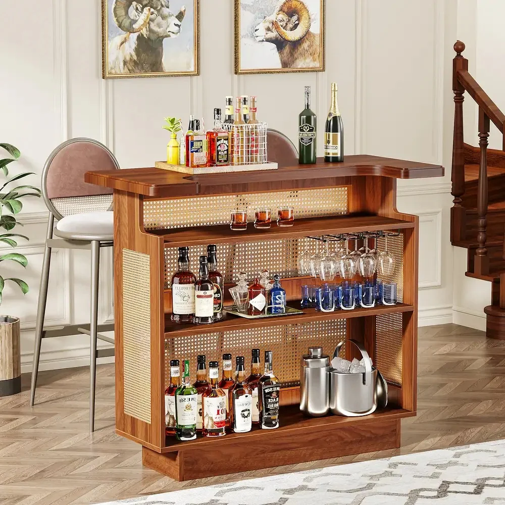 Home Bar Unit 4-Tier Bar Table with 4 Stemware Racks and Heightened Base Cabinet Mini Bar Table