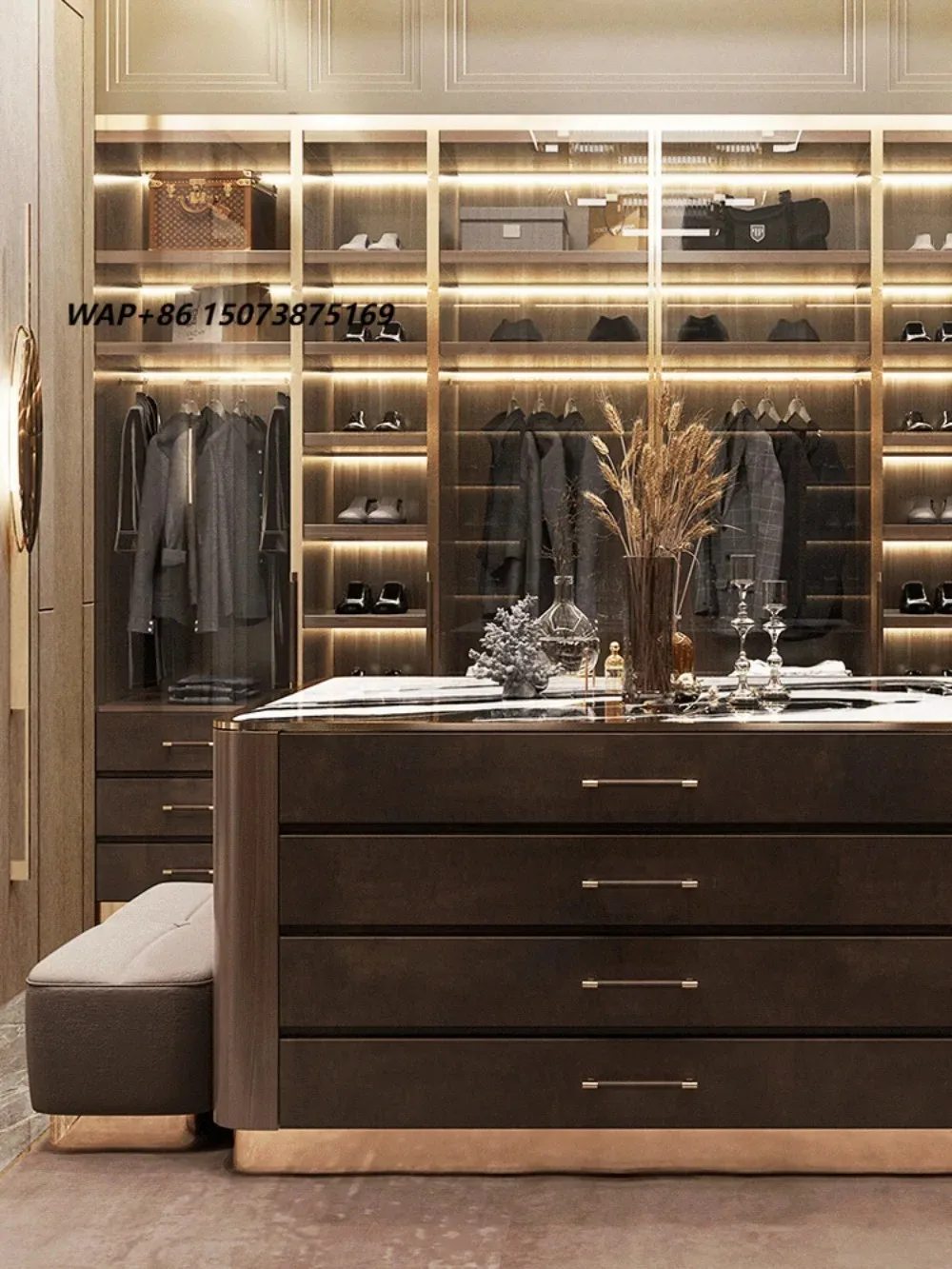 Integrated island vanity cabinet in the middle of walk-in closet all-in-one island dressing table custom marble countertop