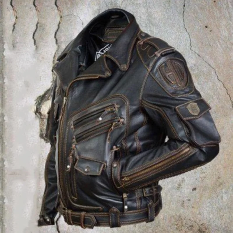 Vintage Motorcycle Multi-zip Jacket With Lapel Pu Leather Multi-pocket motorcycle Riding Suit