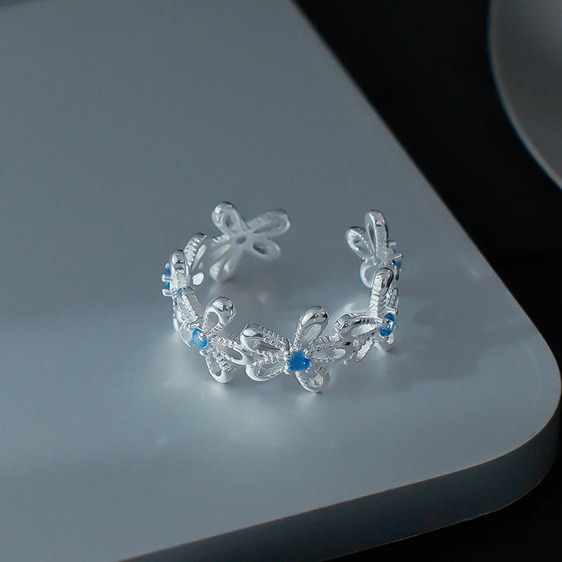 GANPUP Luxuriöser Blauer Kubischer Zirkonia Blumen Offener Fingerring für Frauen, Alltagsschmuck, Funkelnder Verstellbarer Ring, Hochzeitsgeschenk – Detail 2