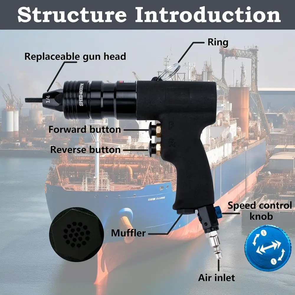 Pneumatic Rivet Gun Kit with 1/4, 5/16, 3/8 Mandrels, Includes 1/4 & 3/8 Air Inlet Fittings