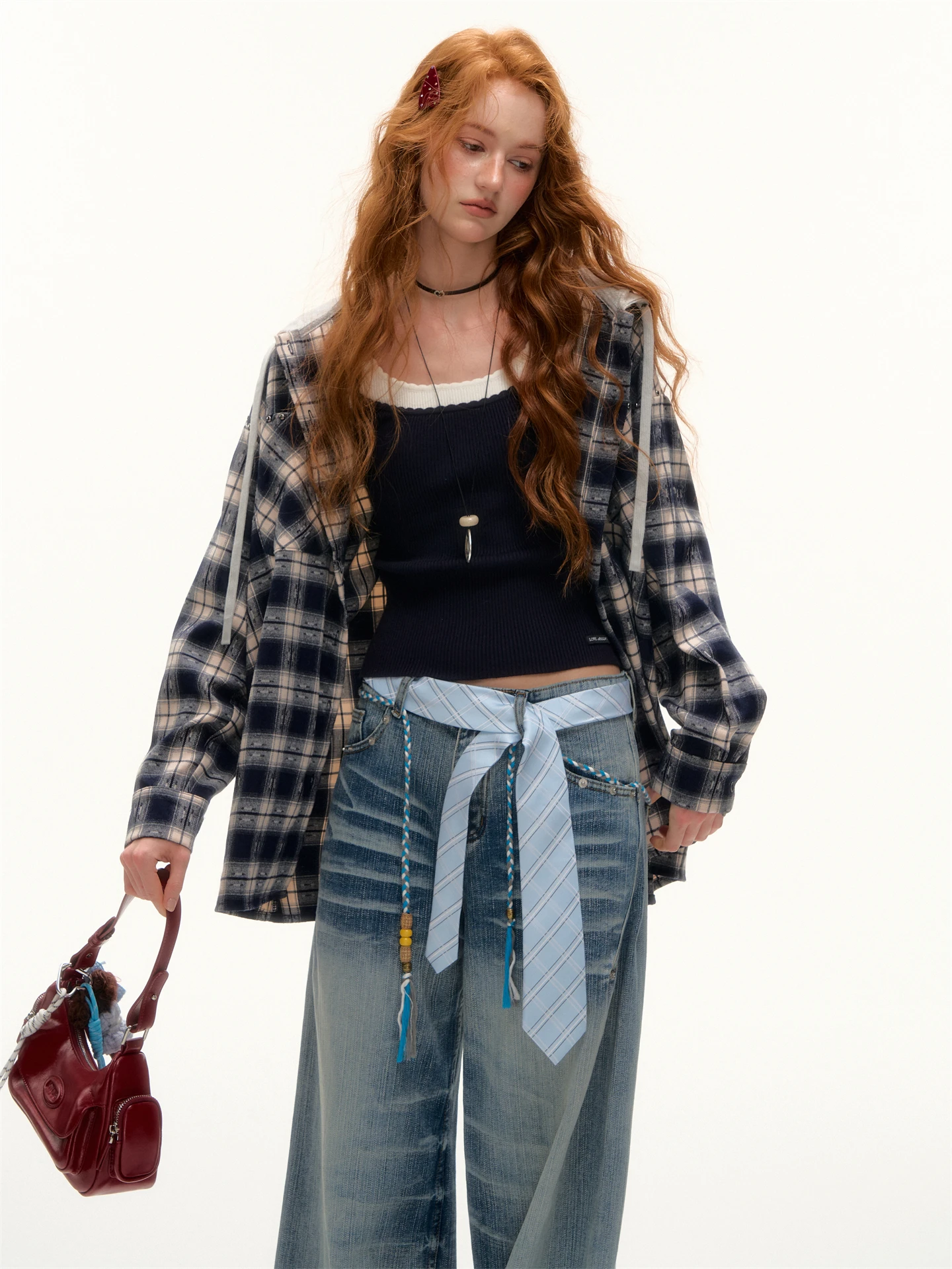 

AsGony Vintage Plaid Color Blo Hooded Rivet Loose Casual Long Sve irt Girls Collar Button down Skirt Matching irt