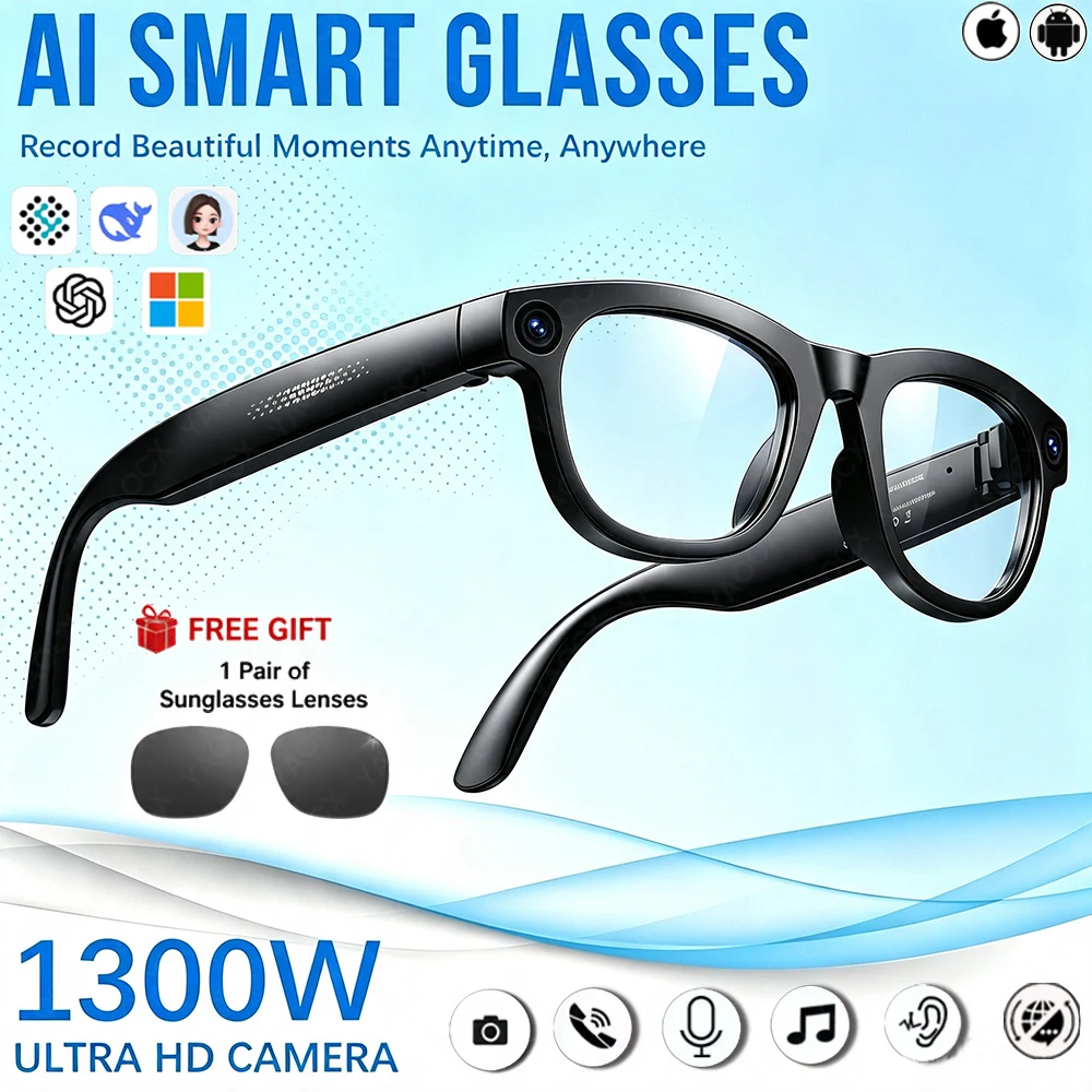 1300W Camera New AI Smart Glasses 1080P Video WiFi6 Visual AI Recognition Translation Eyewear 32GB Large Storage Smartglasses