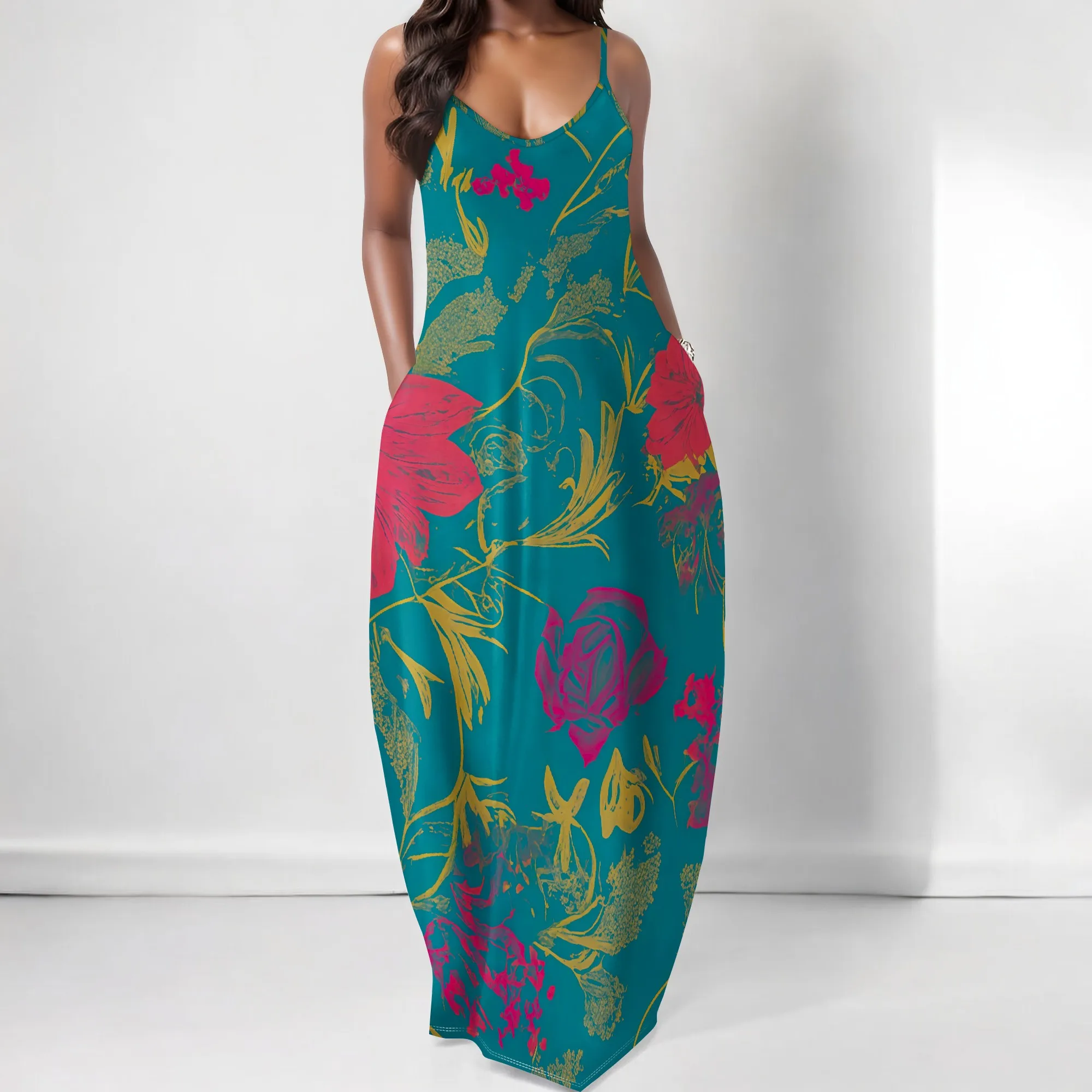 

Women's Summer Maxi Dress Spaghetti Strap Floral Print Boho Loose Fit Beach Party Dress with Pockets XS-3XL