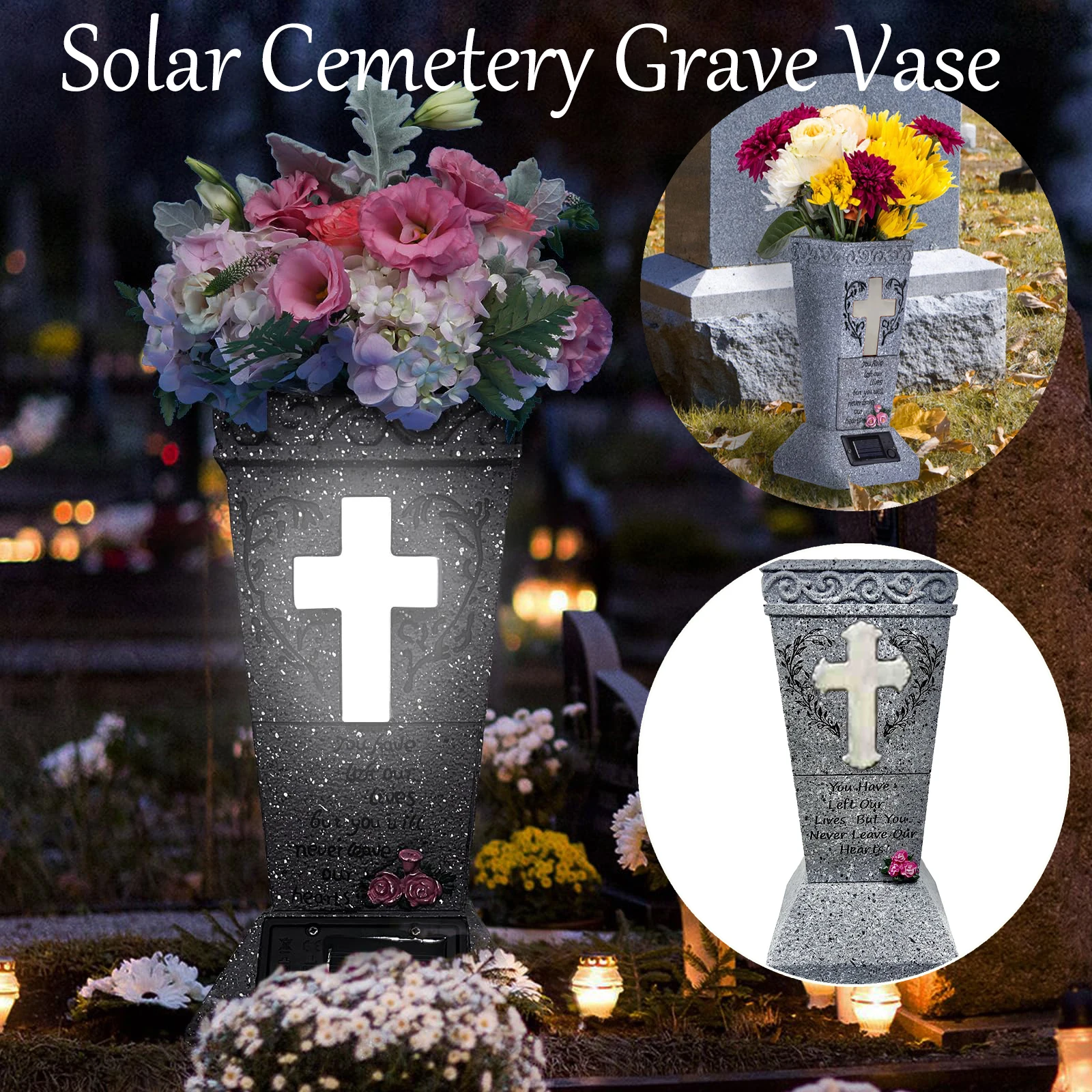 Solar Cemetery Grave Flower Vase Funeral Flower Holder Cross with LED Solar Light Cemetery Vase Remembrance Halloween Decor