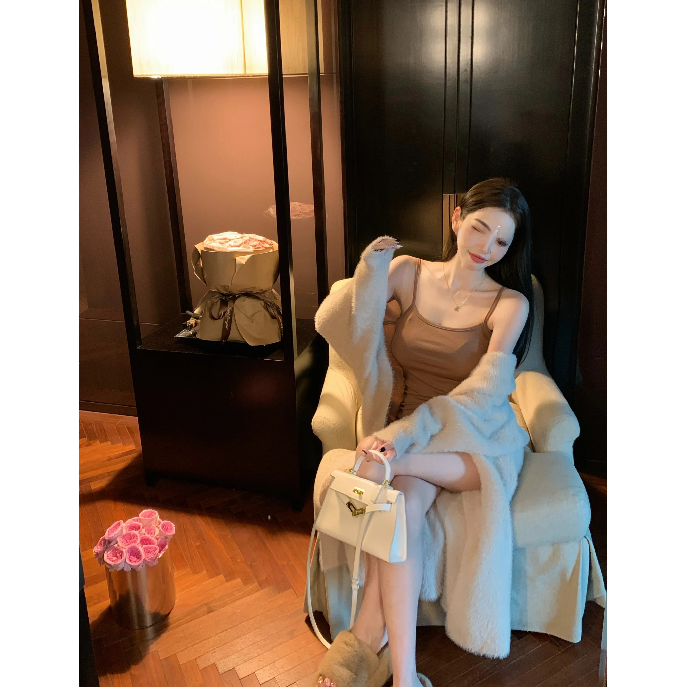 

Корейский вязаный свитер Sle Long Sve, пальто, женский зимний новый свободный утягивающий открытый кардиган, удобная верхняя одежда Faion