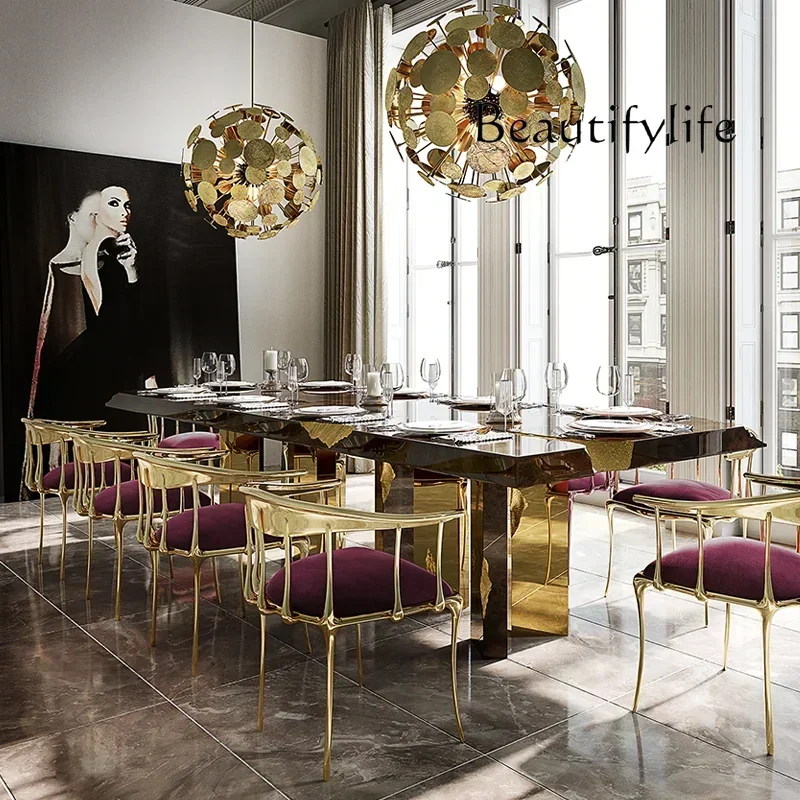 N Italian light luxury high-end rectangular solid wood dining table modern home luxury high-end stainless steel round dining tab