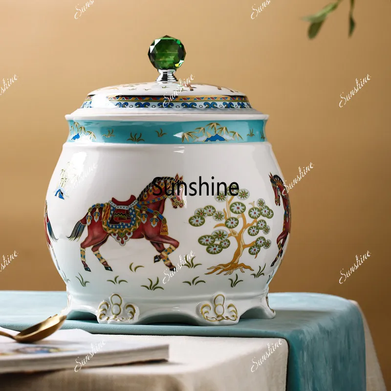 Ceramic rice tank household with lid Nordic insect-proof moisture sealed flour tank
