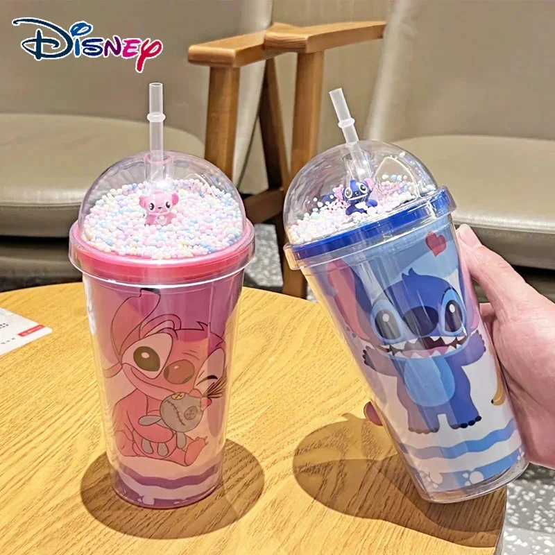 Miniso Stitch 450Ml Disney Lilo & Stitch Angel Couple Cartoon Double Layer Plastic Water Cup Portable Gift for Boy Girl 2024