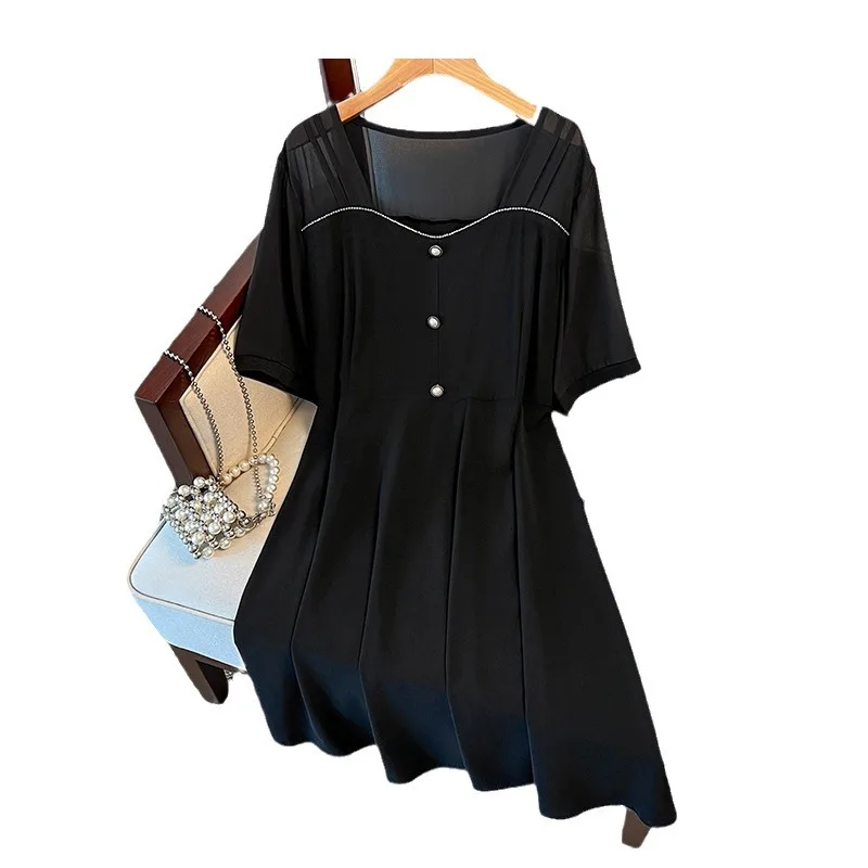 Vestido holgado de talla grande para mujer, vestido negro con cuello de barco, 150Kg, 5XL, 6XL, 7XL, 8XL, 9XL, verano 150