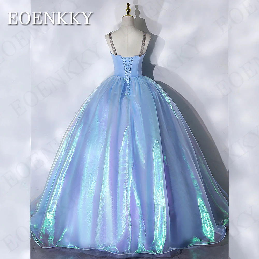 Ball Gown Luxo Blue Tulle Prom Dress vestido de noche Spaghetti Straps Sweetheart Neck Aniversário Ocasiões Especiais Vestidos Vestido de baile de tule azul de luxo  Vestido de gala com alças espaguete e decote em cora