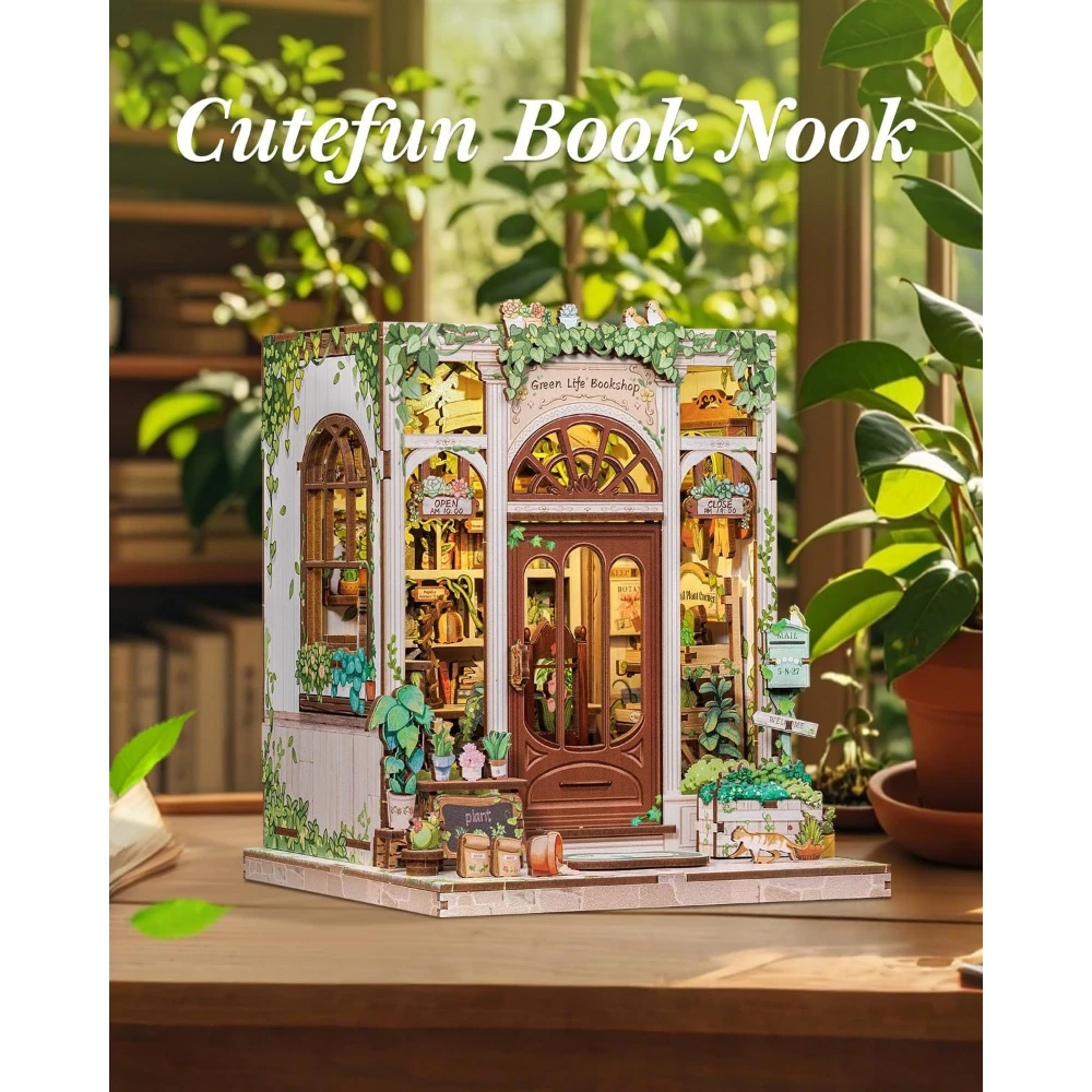 Kit de bricolage exquis en bois pour coin lecture, sur le thème de la librairie Green Life, pièces en bois pré-découpées équipées de lumières à commande tactile, maison de poupée miniature détaillée, parfait pour la décoration de bureau et la maison, et un cadeau d'anniversaire significatif.