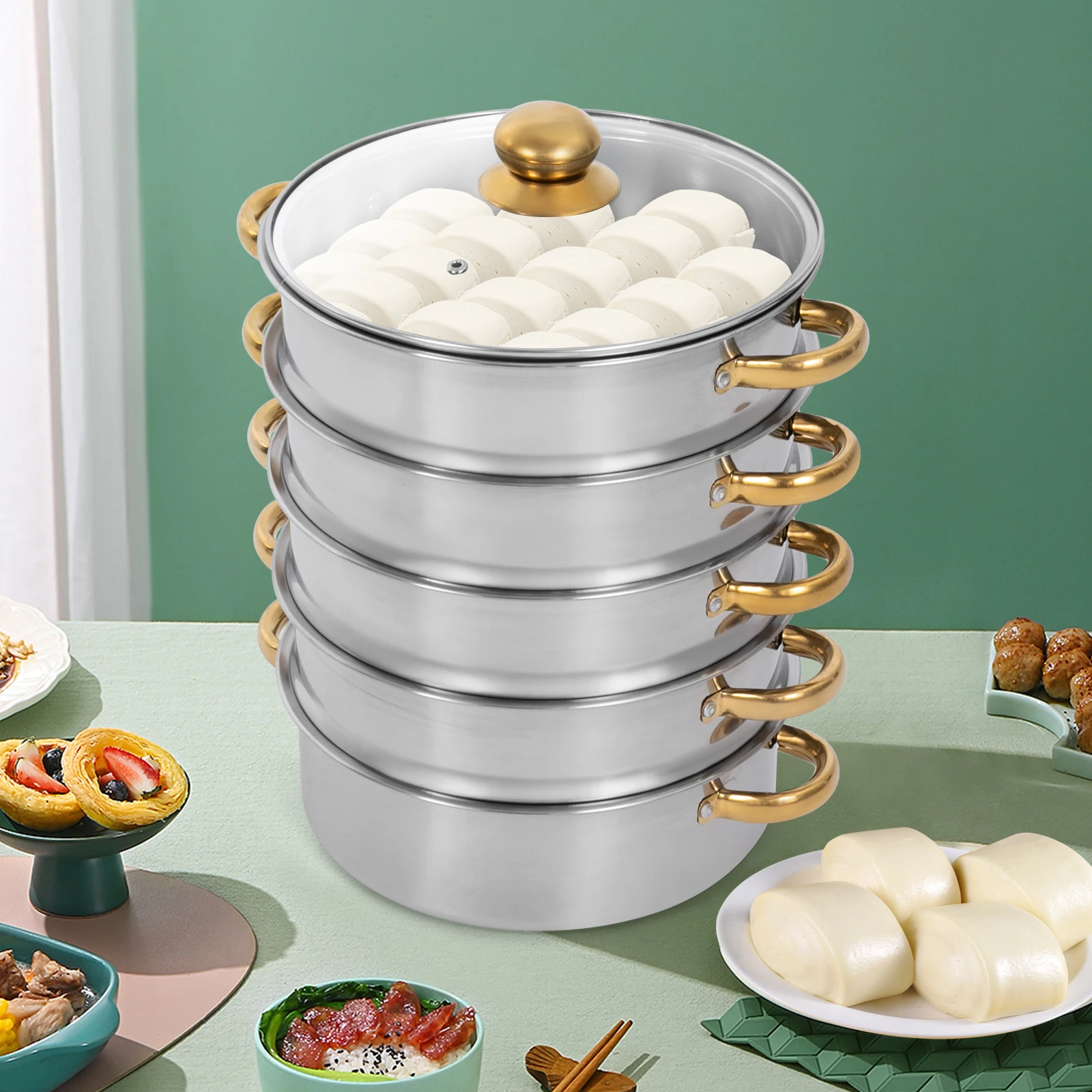 

16.54in 5-Tier Steamer Cooker Stainless Steel Steamer Pots Cookware Cooking Pots multi-function Golden Ear Steamer for Kitchen
