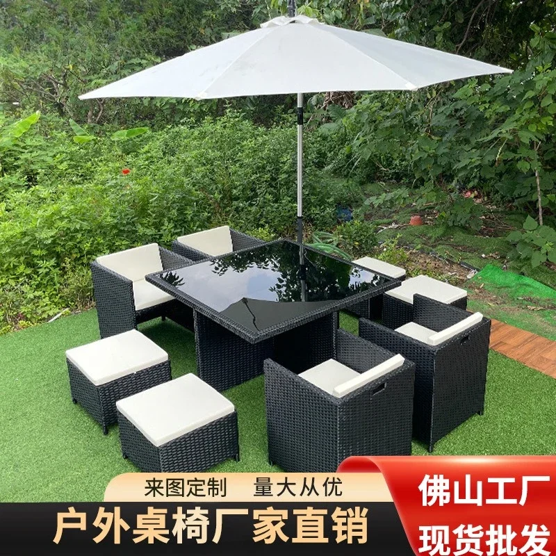 Outdoor rattan sofa combination furniture courtyard homestay rattan chair can be stored dining table dining table and pedal