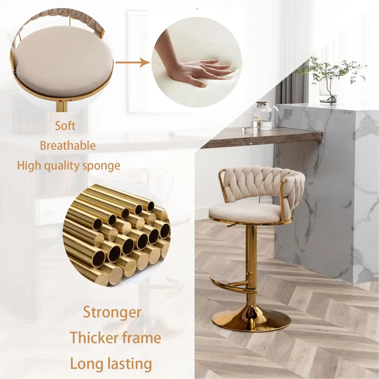 Gold Velvet Bar Stools Set of 4, Counter Height Stools with Low Back, Swivel Stool for Kitchen Island, Pub (Beige)