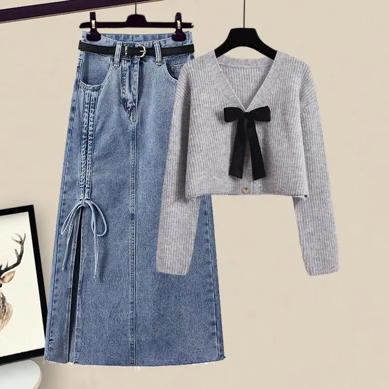 Oversized Women\'s Spring Set 2023 New Korean Sweetheart Reduced Age Knitted Sweater Denim Skirt Two Piece Set Fashion