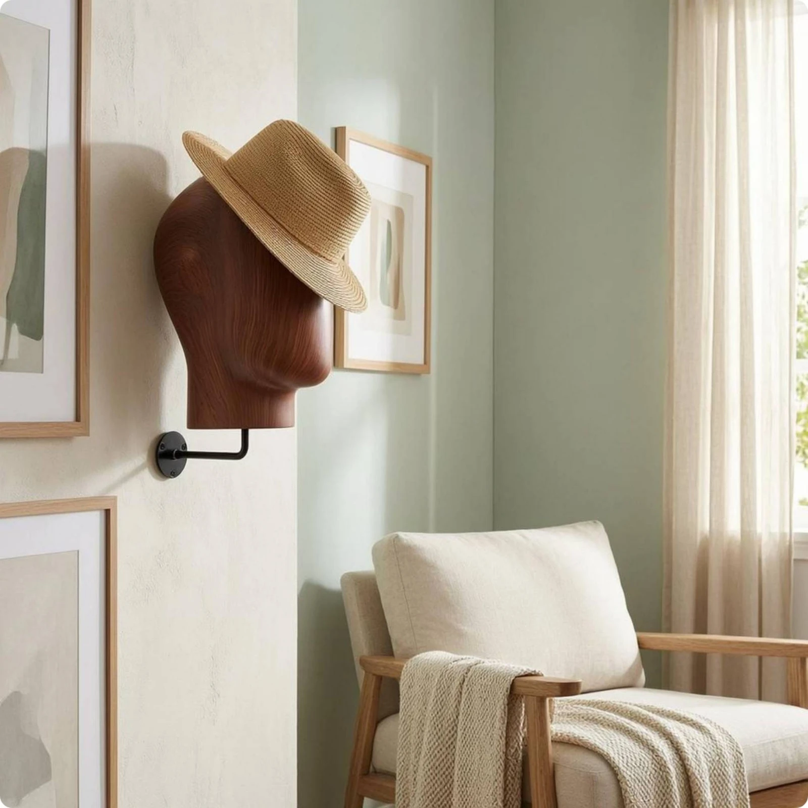 support-de-presentation-de-chapeaux-en-forme-de-tete-de-mannequin-finition-grain-de-bois-fixation-murale-en-fibre-de-verre-et-fer-gain-de-place