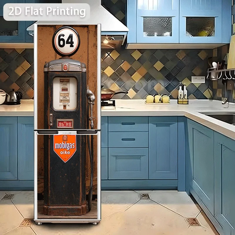 Refrigerator Sticker [60×180 Cm] Retro Old Gas Station Theme Design Wall Sticker Decoration Wallpaper Self-Adhesive Refrigerat