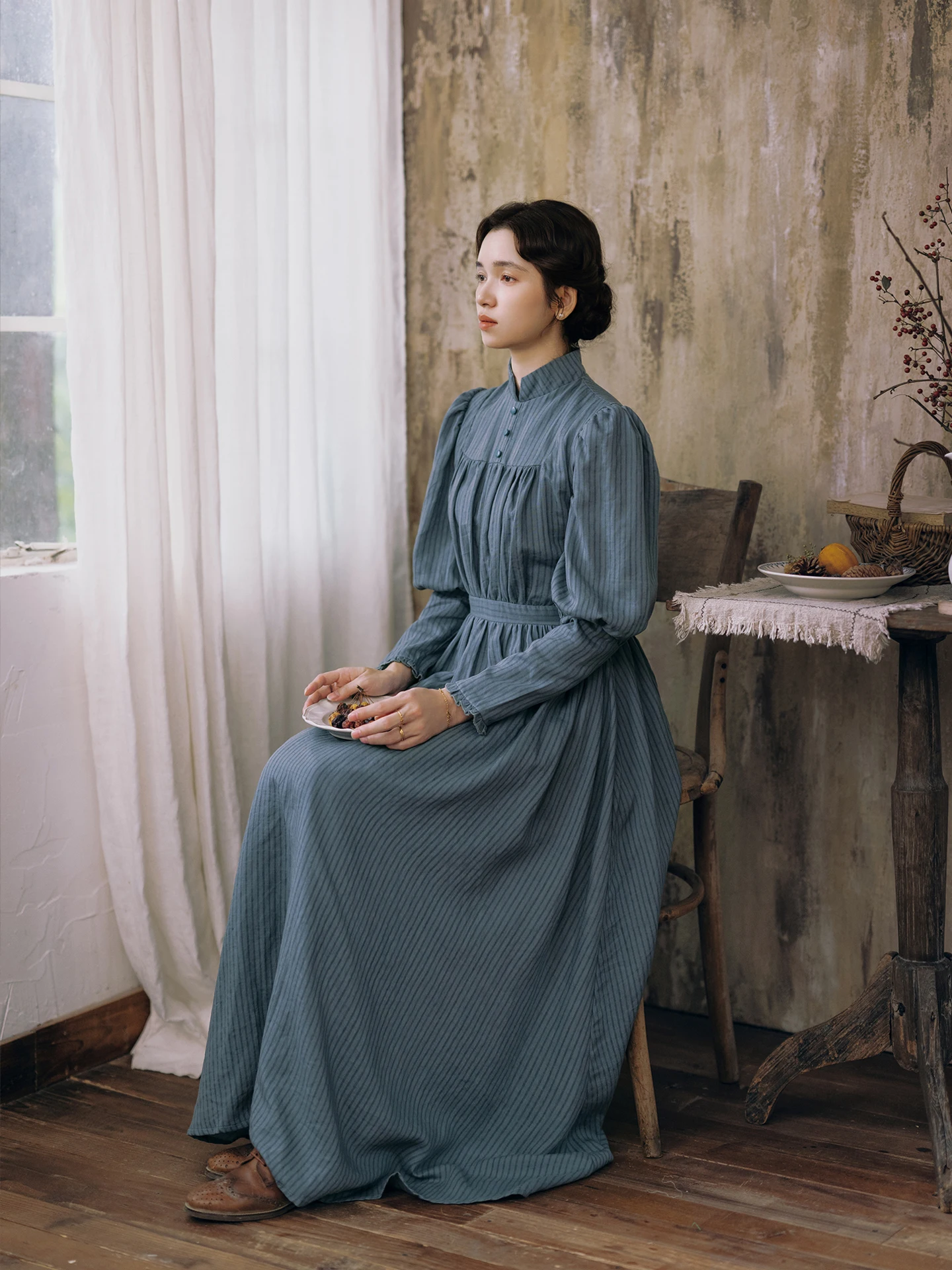 TIYIHAILEY Spring Autumn Women Blue Striped Dress Full Sleeve Long Maxi Ladies S-XL Vintage High Waist 2026 Stand Collar Linen