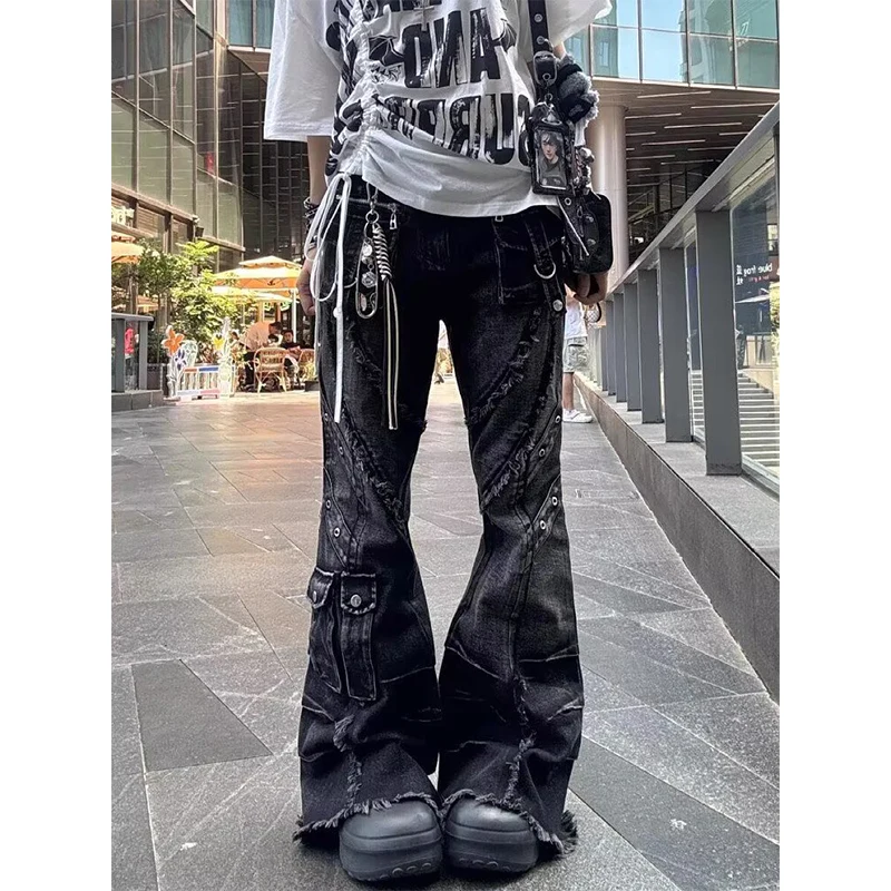 Women’s Y2k Baggy Flare Jeans Harajuku Japanese 2000s Style Patchwork Denim Trouser Vintage Oversize Cargo Jeans Pants Clothes 4 Women's Y2k Baggy Flare Jeans Harajuku Japanese 2000s Style Patchwork Denim Trouser Vintage Oversize Cargo Jeans Pants Clothes 4