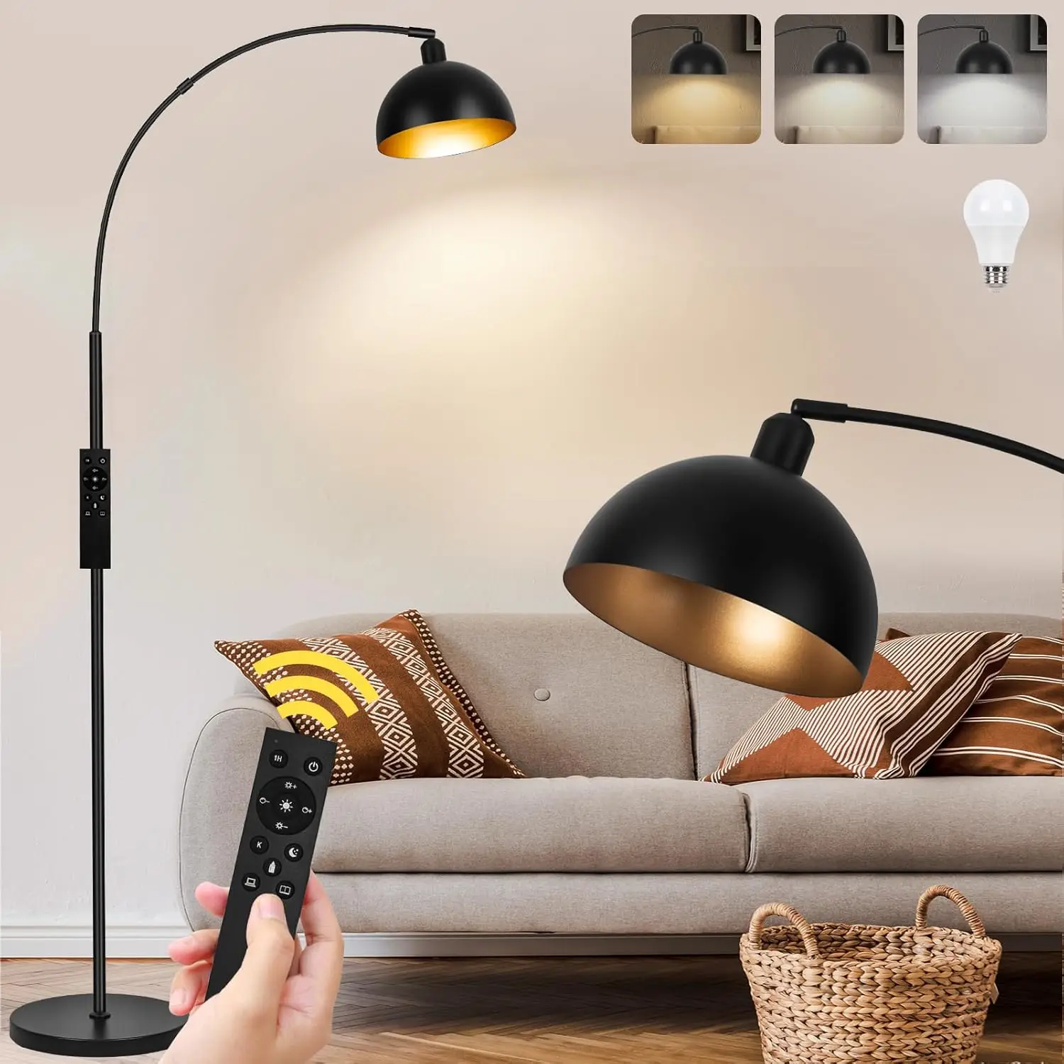 

【Upgraded】Black Arc Floor Lamps For Living Room - Dimmable Arched Floor Lamp With Remote Control & 2700-6000K 9W Led Bulb