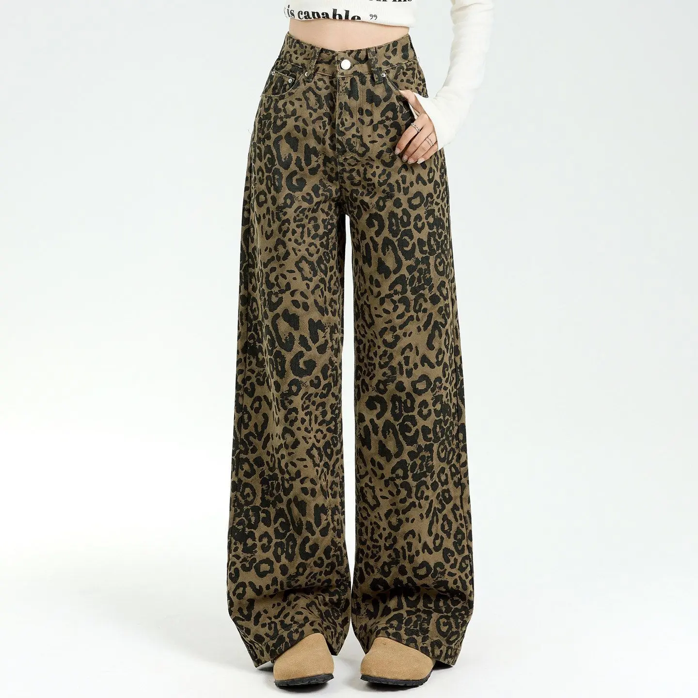 Retro Leopard Print Jeans For Women New High Waist Straight Loose Denim Pants Female Streetwear Wide Leg Trousers Hiphop