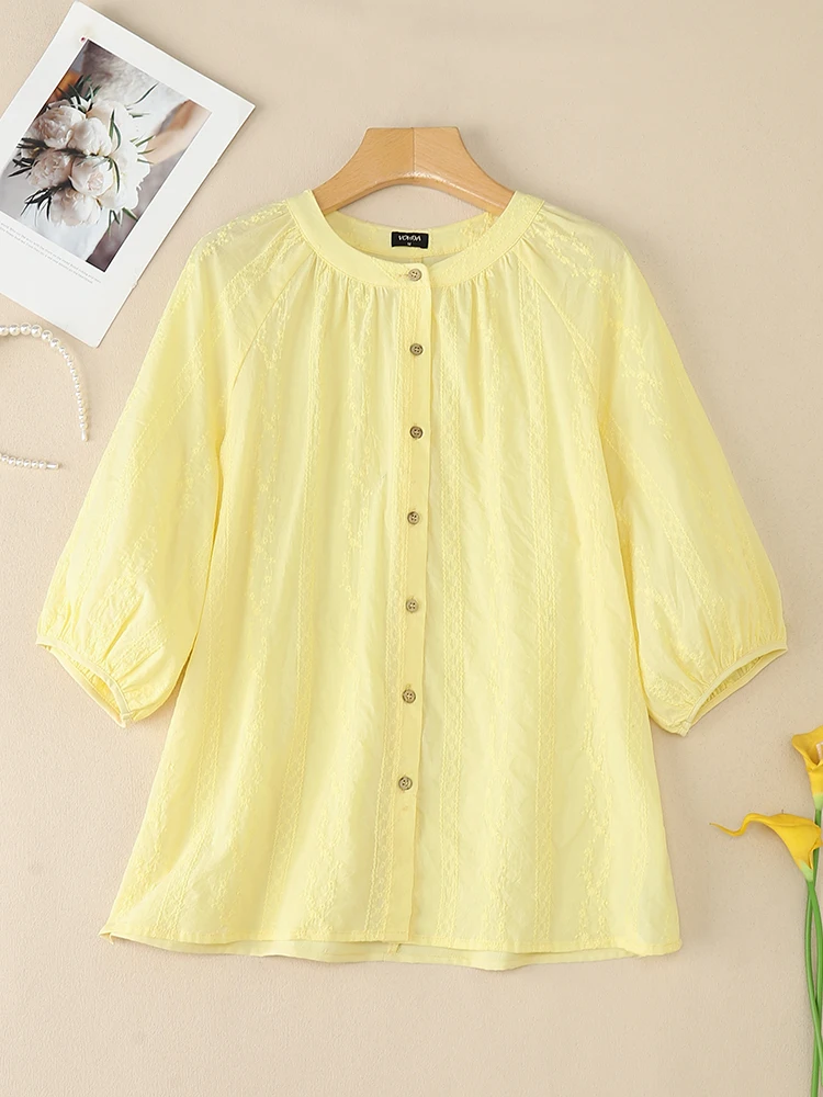 

Плюс размер 5XL VONDA 2025 Повседневные свободные топы в корейском стиле Женские рубашки Модные туники с рукавами 3/4 Однотонные блузки с круглым вырезом