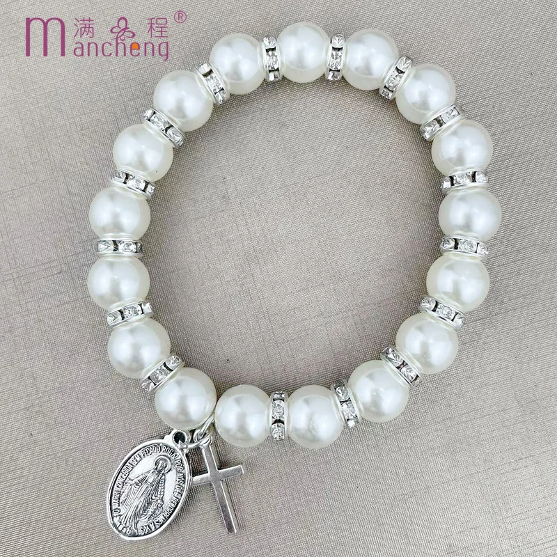 official-website cheap stuff under 30 cents Pearl Cross Jesus Pendant bracelet rosary Prayer beads conjuntos femininos elegante