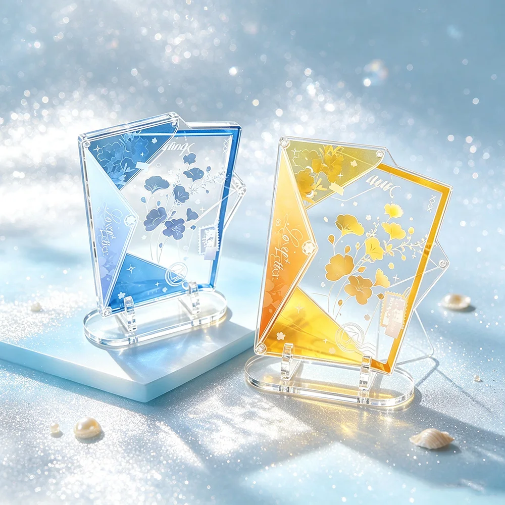 2 Pack Acrylic Display Frames with Base Ginkgo Floral Design for 3 Inch Kpop Idol Cards Postcards Desktop Decor