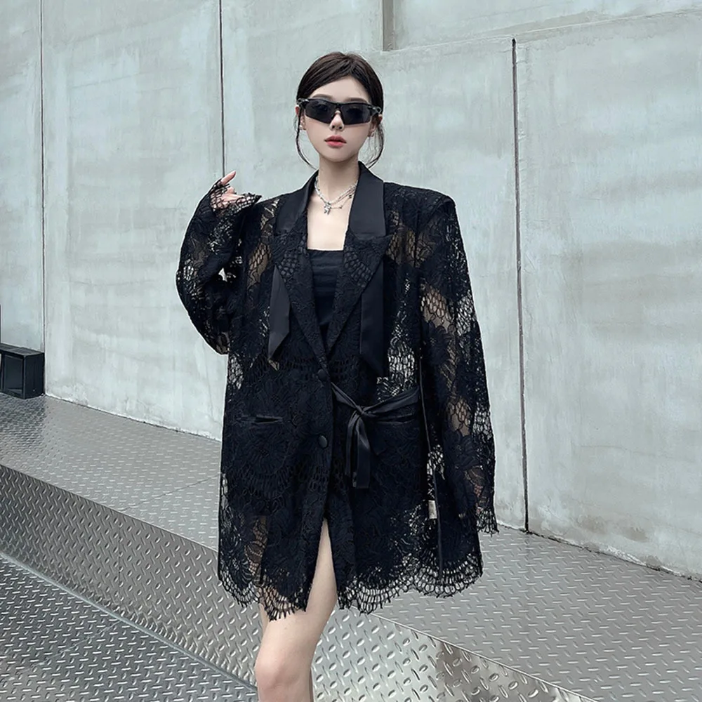 

Minimalist Solid Suit Coat For Women Lace Spliced Up Blazers Ladies Lapel Long Sleeve Temperament Jackets Female Party Outerwear