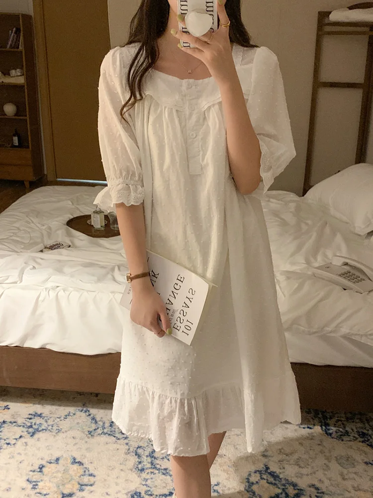 

Soft Summer Lace Elegant Casual Gauze Short Sleeved NightDress Women Solid Fashionable Simple Sweet Korean StyleSleep Tops Ins