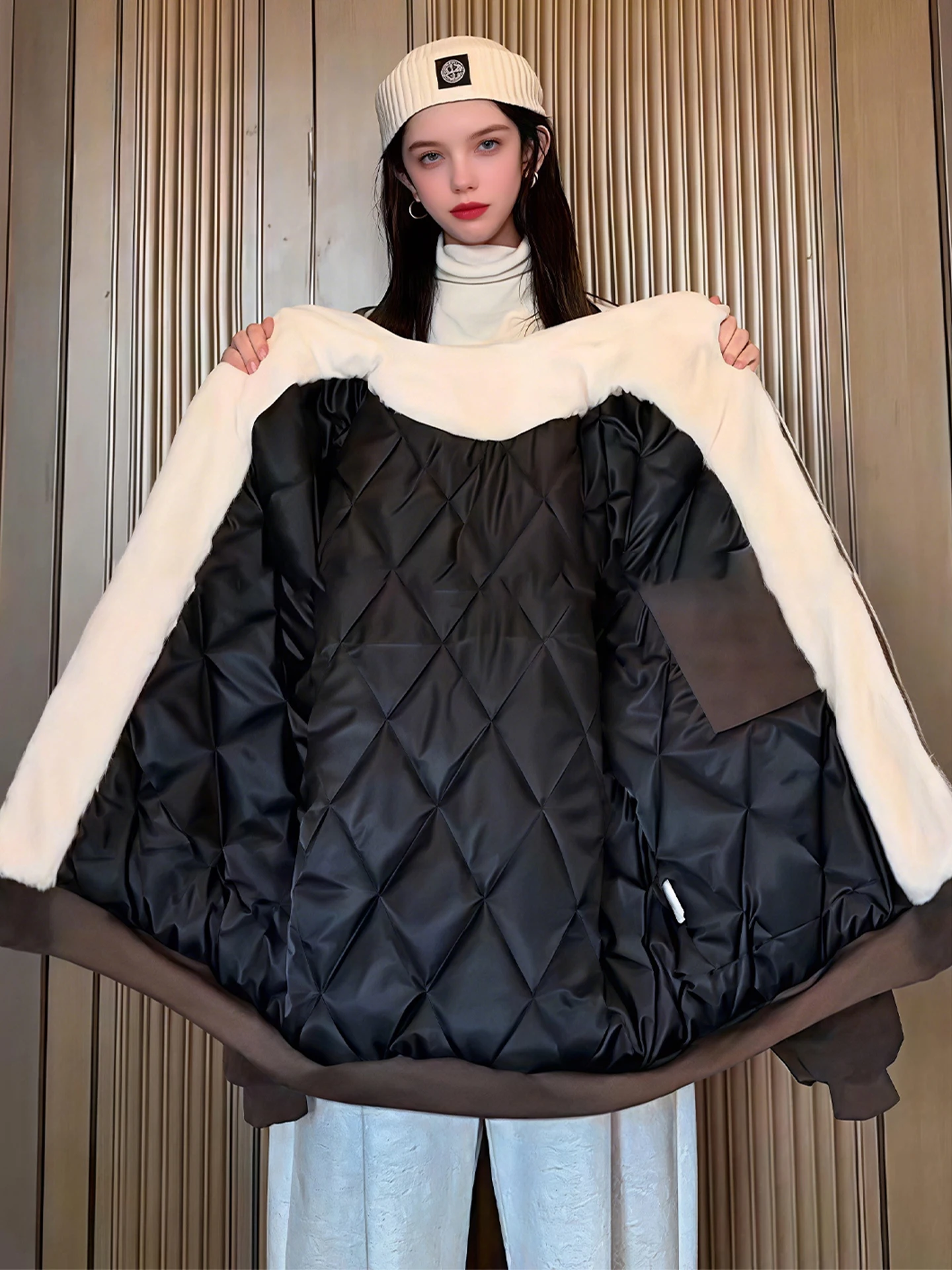 

Thiened Lamb Velvet PU Leather Cotton Jaet Men's Winter Workwear Baseball Sle Retro American Couple's Coat