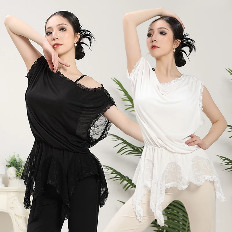 

Latin Dance Costume Women Summer Loose Lace Top Black Short Sleeve Tops White Female Dancer Training Clothes Practice Wear 3811