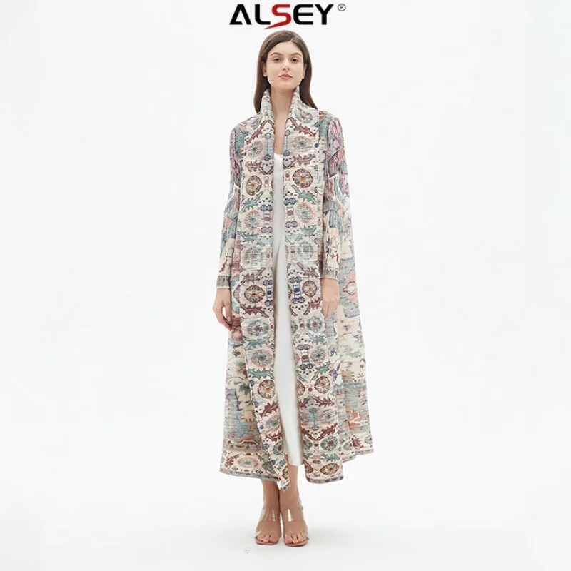 ALSEY Miyake Women's Robe Pleated Long Sleeve Original Vintage Printed Loose Plus Size Cardigan Design Dress 2024 Summer New