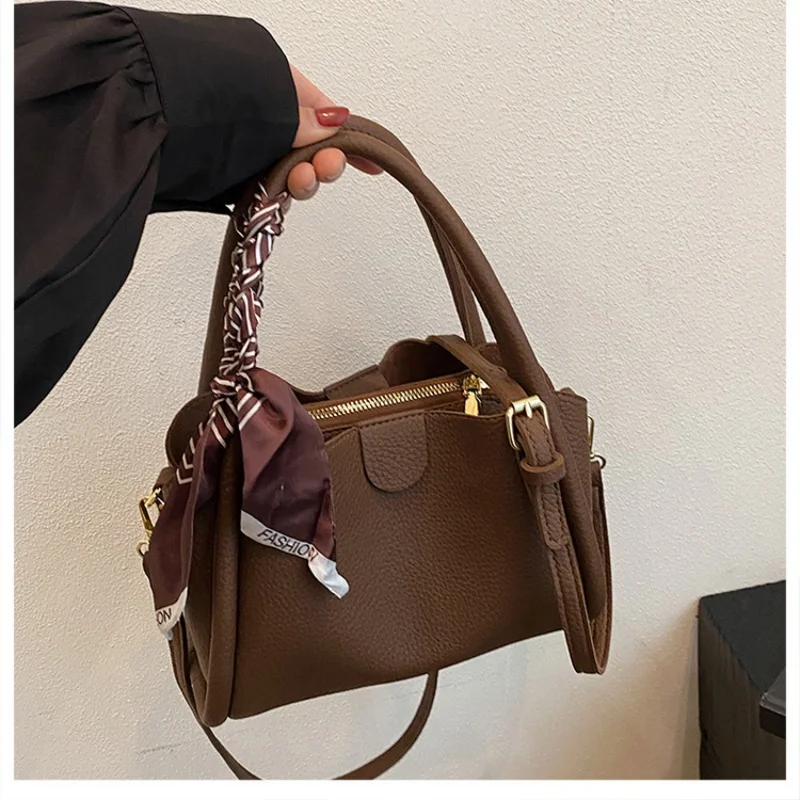 Women Elegant Mini Tote Bag With Silk Scarf Decor Top Handle Adjustable Strap Crossbody Shoulder Handbag