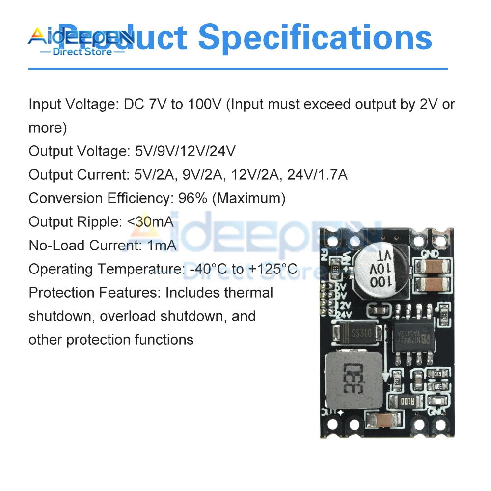 Módulo de alimentação redutor de tensão de saída fixa DC-DC 7V-100V a 5V/9V/12V/24V com proteção total para uso automotivo/industrial
