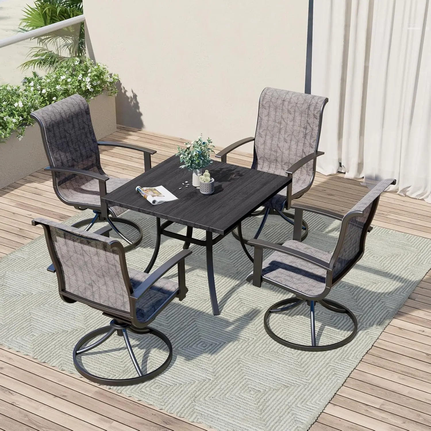 

Outdoor Dining Set with 4-Piece Mesh Sling Swivel Patio Rocking Chairs, 1-Piece Square Woodgrain Dining Table,Black & Grey Plaid
