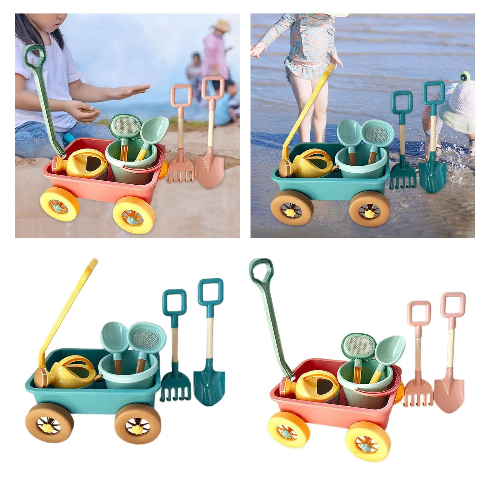 Pretend Play Wagon Set Outdoor Toy Garden Tool Multicolor Handheld Play Motor Vehicles Beach Toy Cart Kids Pull Toy Girls