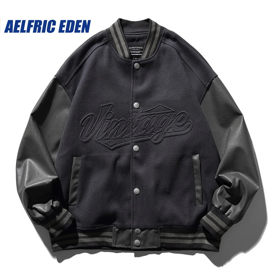 Aelfric Eden Letters Print Varsity Jacket Vintage Embrodiery Solid Color Leather Vintage Varsity Jacket Harajuku Casual Jackets