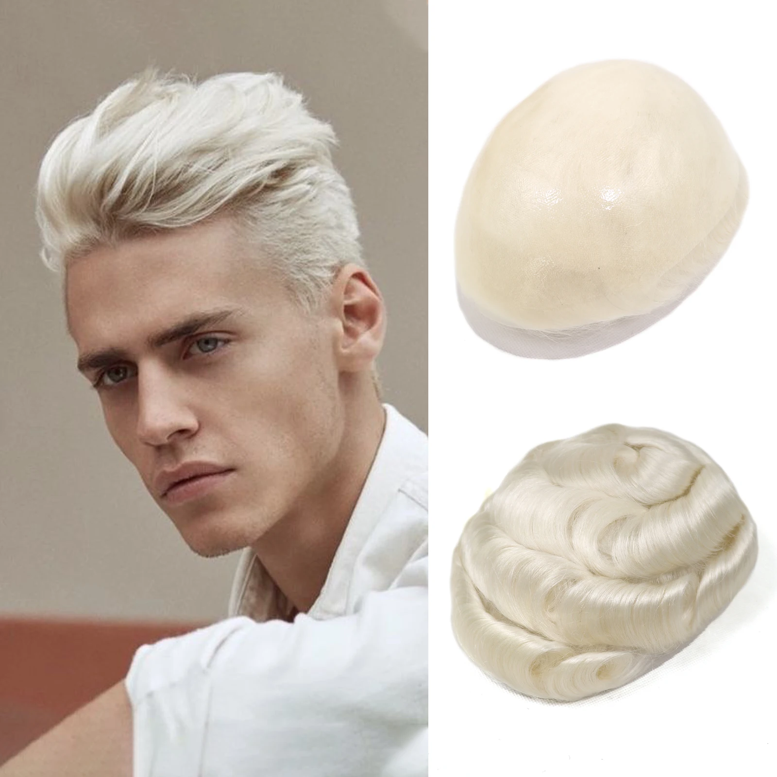 

Natural White Color Hairpiece For Men Durable 0.06-0.08mm Full PU Base Men's capillary prothesis 8x10Inch Knotted Hair Toupee