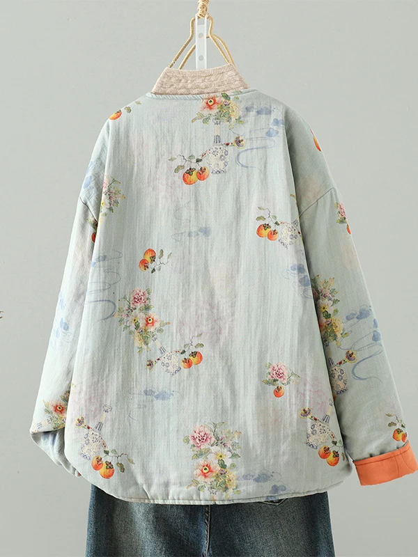 Nowy chiński płaszcz zimowy damski z bawełny i lnu, z artystycznym nadrukiem, zapinany na guziki, ciepły, luźny, uniwersalny, dwustronny...