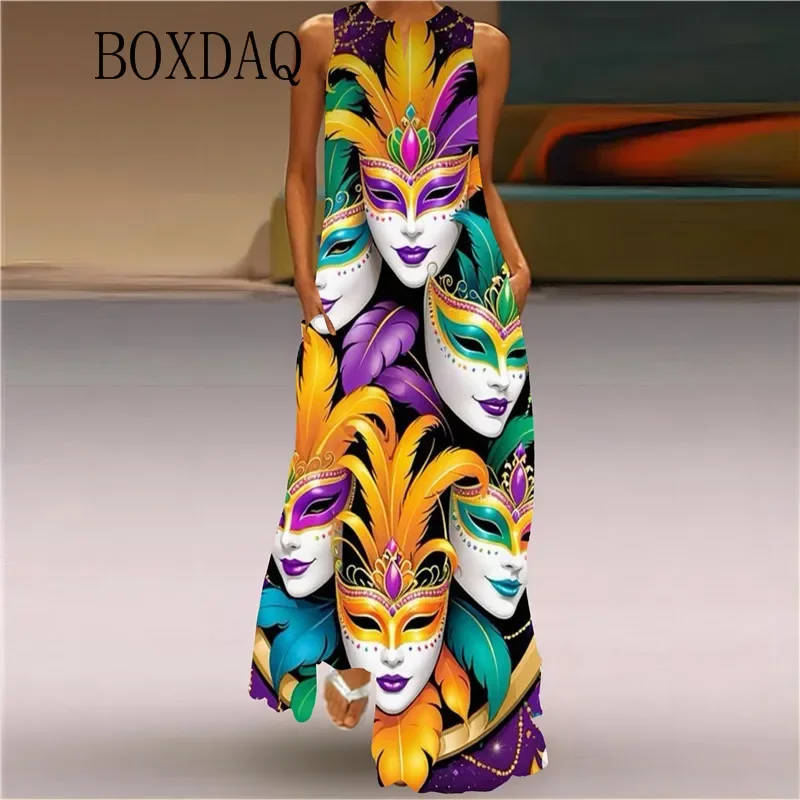 Mardi Gras Y'All Carnival Party Women Dress 2025 Sexy Sleeveless V-neck Print Long Dress Casual Evening Maxi Dresses Summer Robe