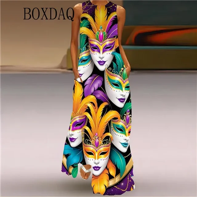 Mardi Gras Y'All Carnival Party Women Dress 2025 Sexy Sleeveless V-neck Print Long Dress Casual Evening Maxi Dresses Summer Robe