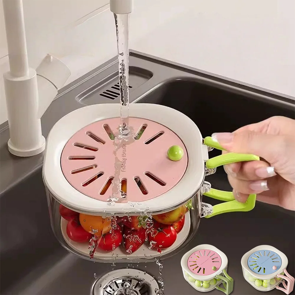 2-Layer Kitchen Colander and Fruit Strainer with Lid, Multifunctional Fruit and Vegetable Washing Bowl with Handle, Food Drainer