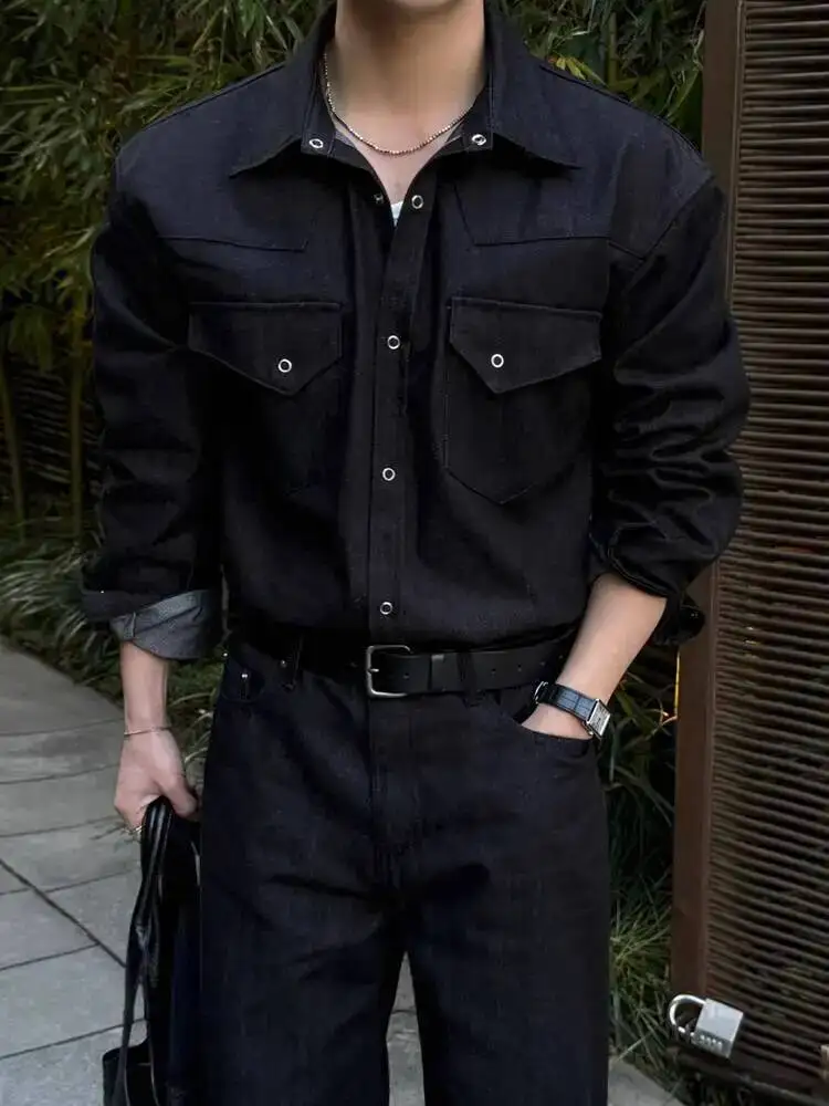

2025 Korean Style Men's Shirts Turn-down Collar Solid Color Casual Long Sleeved Tops Pocket Single Breasted Trendy Shirt