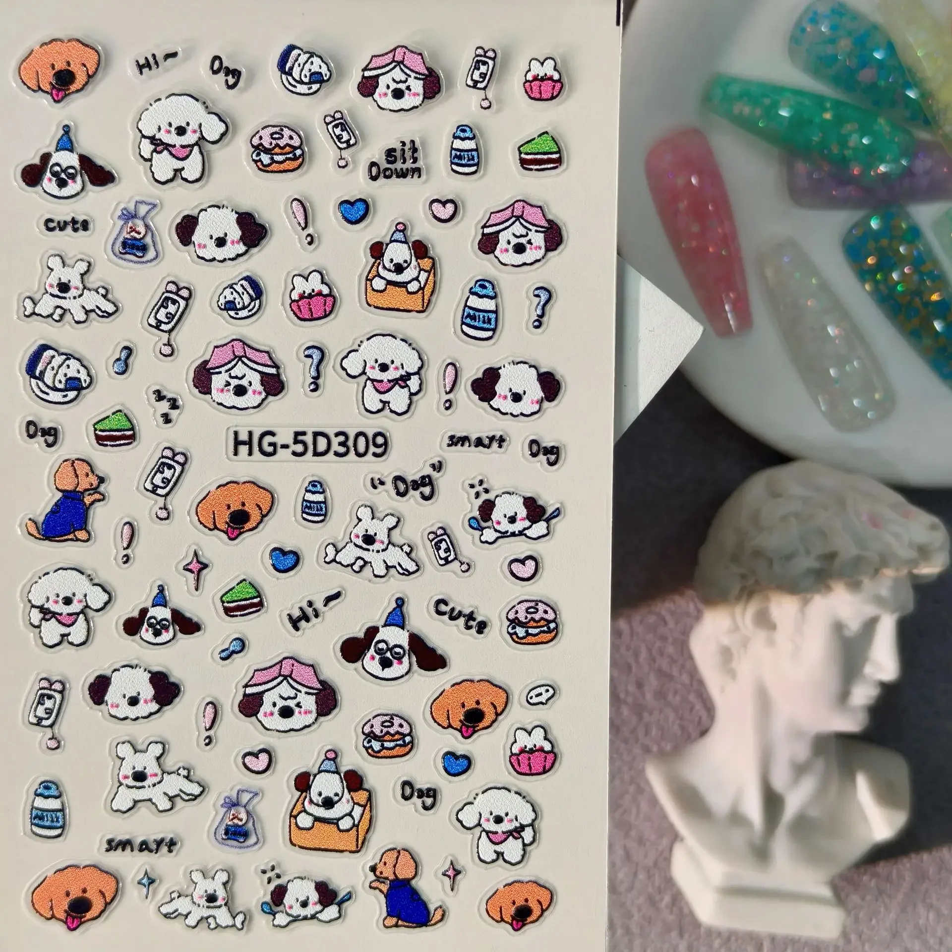 1 Set 3D-geprägte niedliche Welpen-Nagelaufkleber, wasserdicht, Cartoon-Kätzchen, selbstklebend, liebenswerte DIY-Maniküre-Nageldekorationen